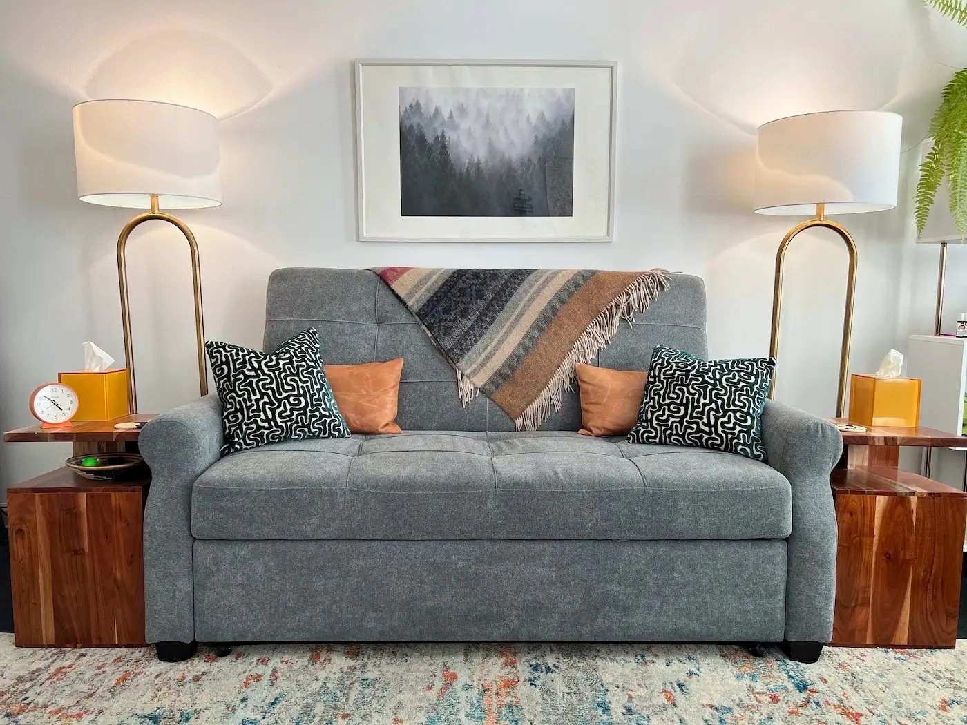 Grey sofa in Deva Segal's therapy office at 582 Market Street, San Francisco